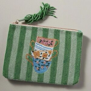 New Anthropologie The Fiona Large Beaded Pouch Green Teacups Tea Cups